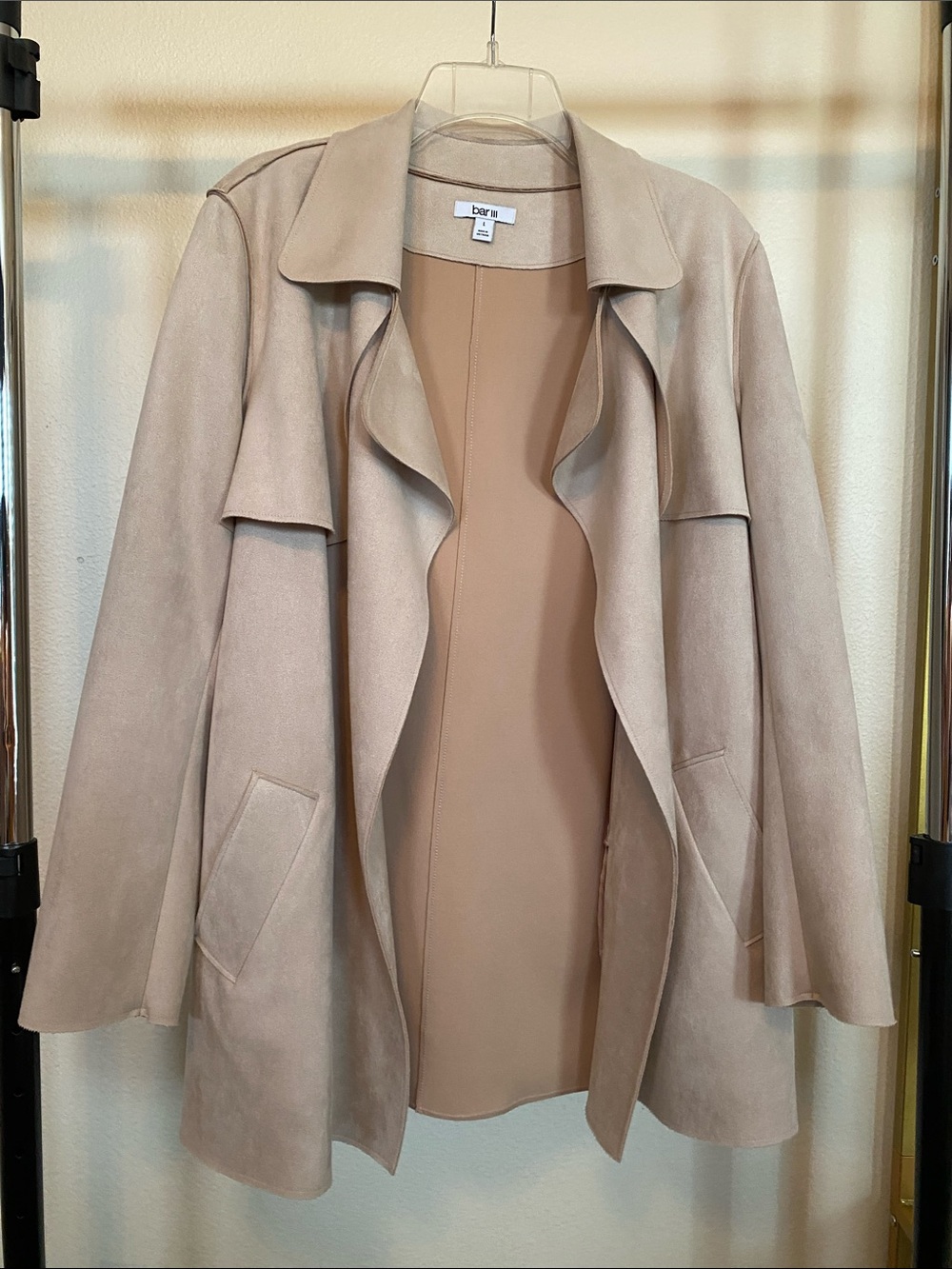 Bar III Taupe Open-Front Draped Trench Coat